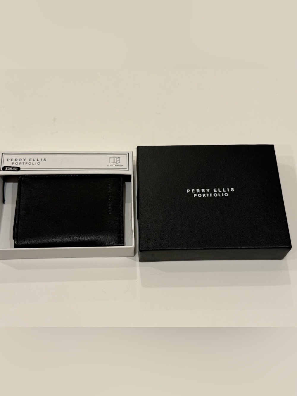 Perry Ellis Black Leather Slim Trifold Wallet with Gift Box